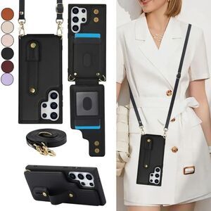 SAMSUNG GALAXY Black Phone Case Wallet Credit Card, Holder Wrist & Lanyard